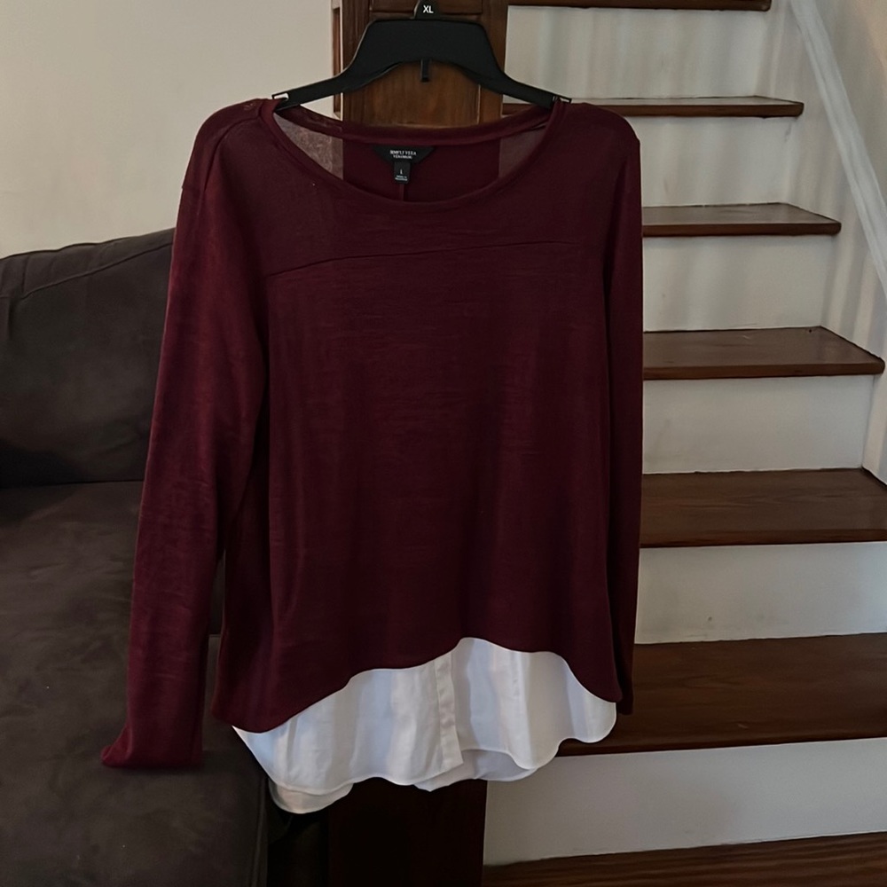 simply Vera Wang maroon dark red one piece sweater and white undershirt
